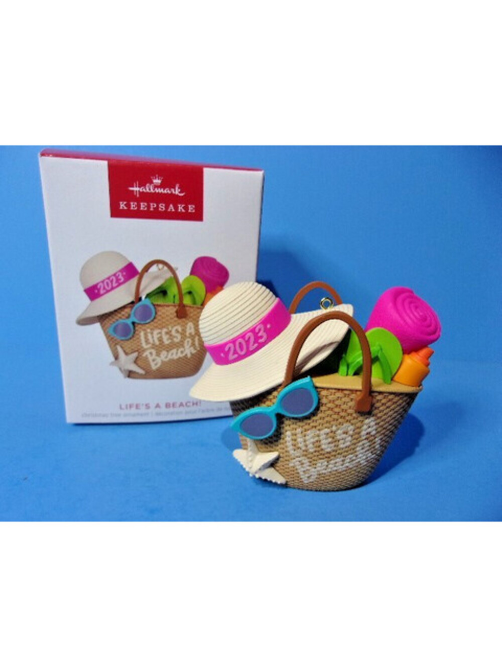 Hallmark 2023 LIFE'S A BEACH Christmas Ornament Beach Bag w/ Hat, Flip Flops Mor